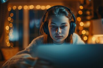 Fototapeta premium young woman, in office, wear headphones with speakerphone, watching laptop, 