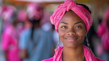 A young woman wearing a pink headwrap and matching attire, smiling at the camera. The background is blurred with people wearing similar pink clothing.