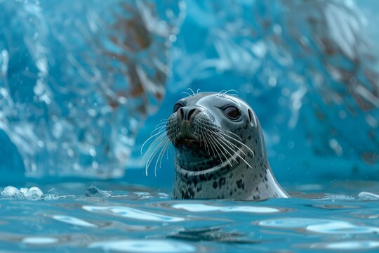 An adult harbor seal in a flow of ice and slush raises their head to get a better look while the blue color of the Aialik Glacier is reflected into the water in Alaska&acirc;&euro;&trade;s Kenai Fjords National Park