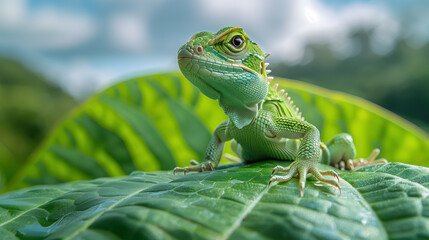 Green lizard on green leaf, sunny sky background