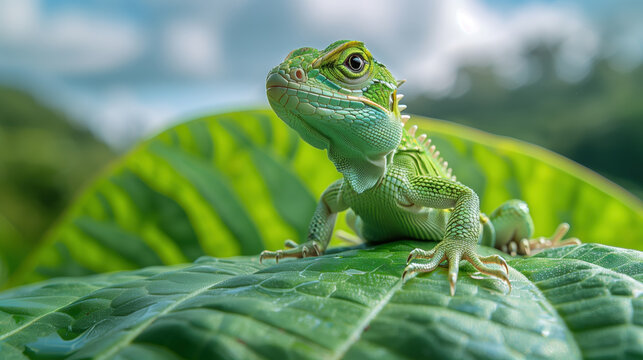 Green lizard on green leaf, sunny sky background