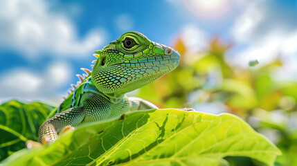 Obraz premium Green lizard on green leaf, sunny sky background