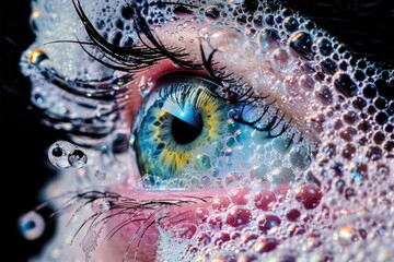 A detailed shot of an eye with soap bubbles surrounding the pupil, suggesting fun and playfulness