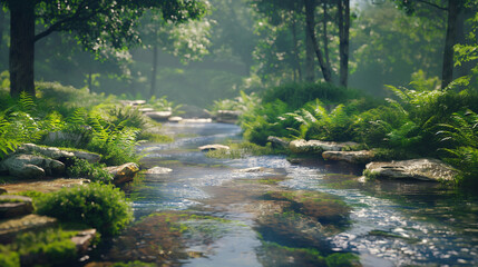 river in the forest,  A tranquil forest stream winding through the woods, with crystal-clear water, smooth stones, and lush greenery lining the banks, providing a serene, calming view