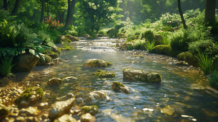 Obraz premium A tranquil forest stream winding through the woods, with crystal-clear water, smooth stones, and lush greenery lining the banks, providing a serene, calming view