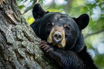 An American black bear with his chin resting on hist paw in a tree deep in the forest of Northern Minnesota