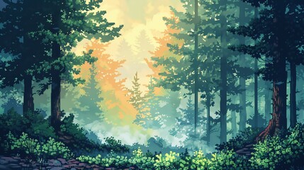 Obraz premium A misty forest path leads towards a glowing sunset through tall pine trees.