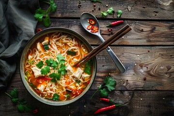 Asian soup with rice noodles, chicken and vegetables in ceramic bowl served with spoon and chopsticks on rustic wooden background from above, Chinese or Thai cuisine