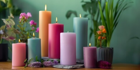 A row of colorful candles are lit and arranged on a table. The candles are of various sizes and colors, including pink, purple, green, and yellow. The candles are surrounded by flowers