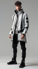 A male model stands against a grey backdrop, wearing a futuristic white and black outfit