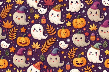 Whimsical repeating design featuring adorable ghosts in various poses and facial expressions surrounded by stars, moons, and festive autumn elements in vibrant colors.