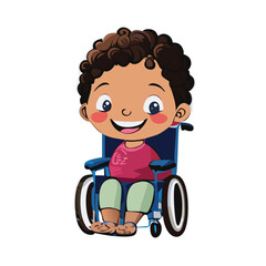 Cartoon Illustration of Happy Children in Wheelchairs, Wearing Helmets and Smiling, Ideal for Educational and Inspirational Posters, Kids' Learning Materials, and Disability Awareness Campaigns