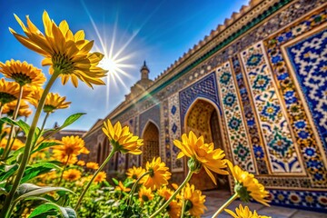 Vibrant yellow flowers bloom against a visually striking backdrop of intricately patterned tiles, set amidst a serene atmosphere of warm sunlight and clear blue skies.