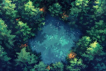 Obraz premium An aerial view of a dense forest with a clearing in the center, surrounded by lush green trees.