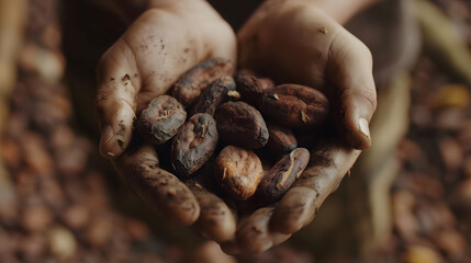 A close-up of the cocoa beans in hand showcases the chocolate production process.