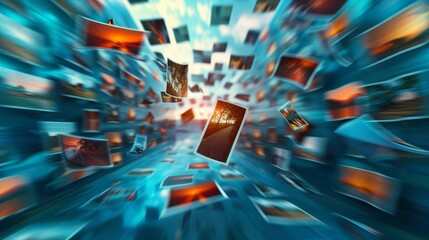 Fototapeta premium Memory lane with floating photographs, boundless reflections