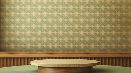 close up shot of a small round empty podium in a Mid-Century Modern style studio backdrop with clean lines and minimalist design, featuring a geometric patterned wallpaper in muted tones of beige 