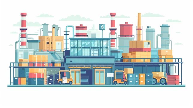factory building with forklifts, flat design clip art preview