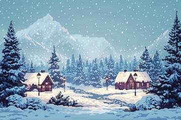 Fototapeta premium Snowy winter landscape with two cozy cabins nestled in a pine forest, illuminated by streetlights. The scene is set against a backdrop of towering mountains.