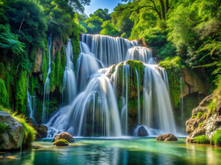 Fototapeta premium waterfall, river, stream, landscape, falls, forest, cascade, rock, fall, green, stone, flowing, spring, flow, natural, creek