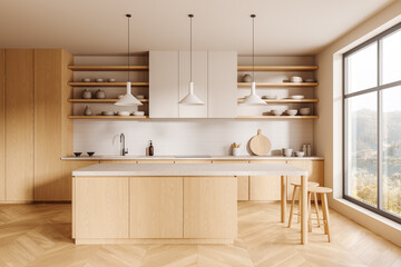Wooden home kitchen interior with bar island and panoramic window