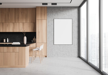 Light home kitchen interior with bar island and cabinet, window. Mock up poster