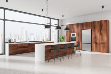 Modern kitchen with wood cabinetry and white countertops, overlooking cityscape through large windows, light background. Concept of contemporary home interior. 3D Rendering