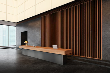 Modern lobby interior with a long wooden reception desk, polished dark floor, and vertical wooden slats on the wall, light background, business concept. 3D Rendering