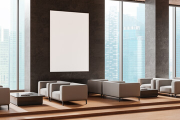 Office interior with waiting space on wooden pedestal, window. Mock up frame