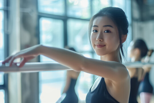 In a dance studio, a ballerina practices at the barre with sunlight pouring in through the windows, showcasing her grace and skill in ballet