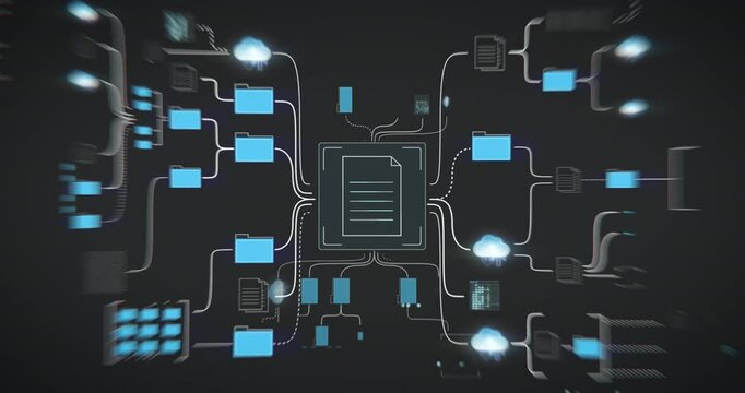 Newspaper with news articles is digitized and stored by artificial intelligence, replacement of old media by modern AI applications, animation on black