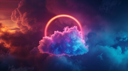 abstract cloud illuminated with neon light ring on dark night sky. Glowing geometric shape, round frame