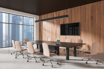 Modern conference room with wooden walls and large windows, light interior, concept of workplace design. 3D Rendering