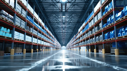 Fototapeta premium This image shows the interior of a large, well-organized warehouse with shelves stocked with various goods and products. The warehouse has a long corridor with high ceilings and industrial lighting.