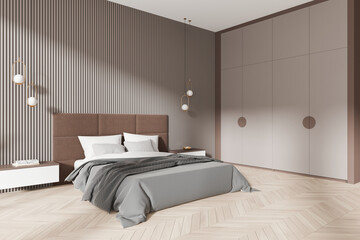 Luxury hotel bedroom interior with bed, wardrobe and nightstand