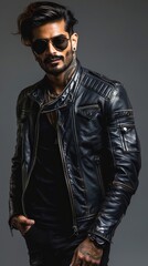 Obraz premium A man in a black leather jacket stands confidently against a grey background