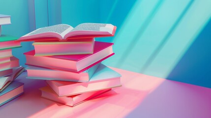 3D stack of closed paper books with bookmarks and colorful covers, open book on top. Online education concept, banner template.