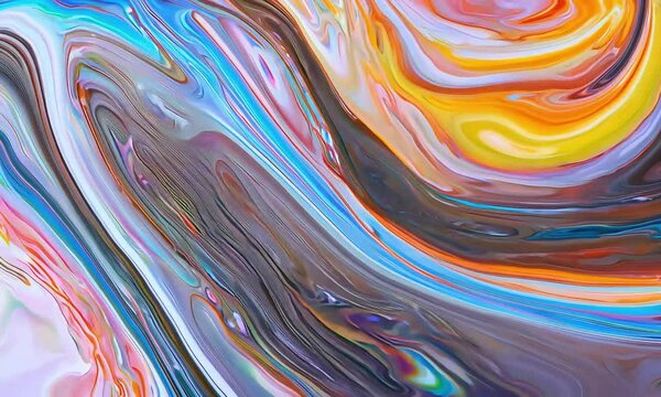 Trippy psychedelic colorful rainbow liquid marble gradient waves animation. Trendy hypnotic abstract organic ebru ripples and folds fluid art video. 4K seamless looping footage