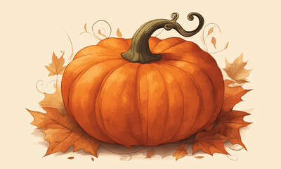 Pumpkin rests on a bed of fallen leaves autumn watercolor vector
