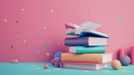 3D stack of closed paper books with bookmarks and colorful covers, open book on top. Online education concept, banner template.