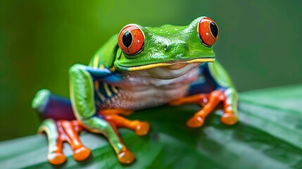 Naklejka premium A red-eyed tree frog sits on a leaf in a rainforest