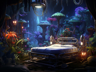 Jungle hospital bed surrounded by lush tropical plants, bioluminescent fungi illuminating the scene, detailed 3D render, vibrant colors, surrealistic style.