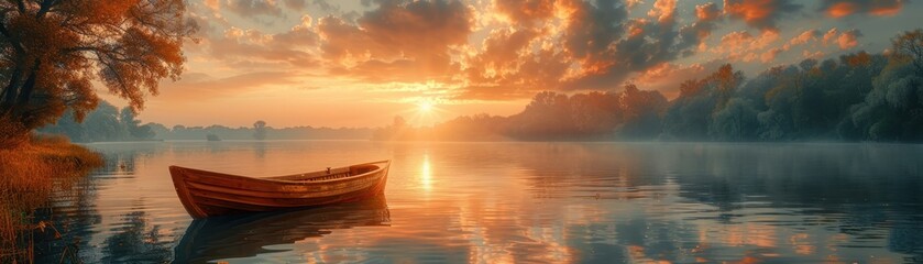 Serene lake with a wooden boat at sunrise, reflecting vibrant colors in the sky and water, surrounded by trees and calmness.
