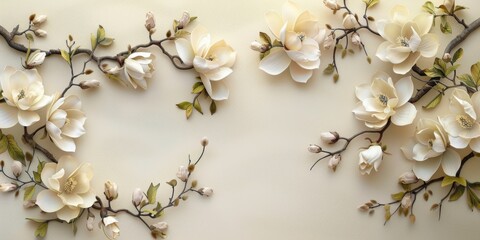 Elegant Magnolia Wreath adorned with magnolia blossoms and green leaves, set against a cream backdrop 