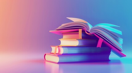 3D stack of closed paper books with bookmarks and colorful covers, open book on top. Online education concept, banner template.