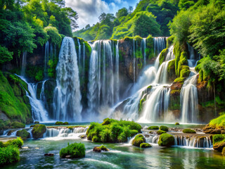 Fototapeta premium waterfall, nature, river, landscape, forest, stream, cascade, fall, rock, green, park, falls, flowing, creek, flow, beautiful