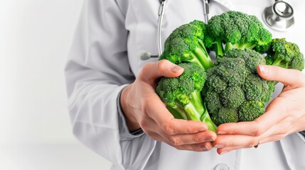 Doctor holding fresh broccoli in hands, promoting healthy eating. Conceptual image of nutrition and healthcare advice. White background and focus on vegetables.