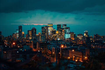 Obraz premium A city skyline at night with a cloudy sky