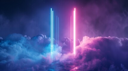 Fototapeta premium abstract minimal background, pink blue neon glowing vertical lines with copy space, illuminated stormy clouds, glowing geometric shape