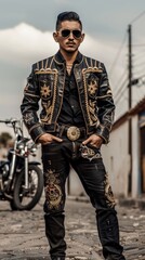 Fototapeta premium A man in a leather jacket and jeans stands in a city street